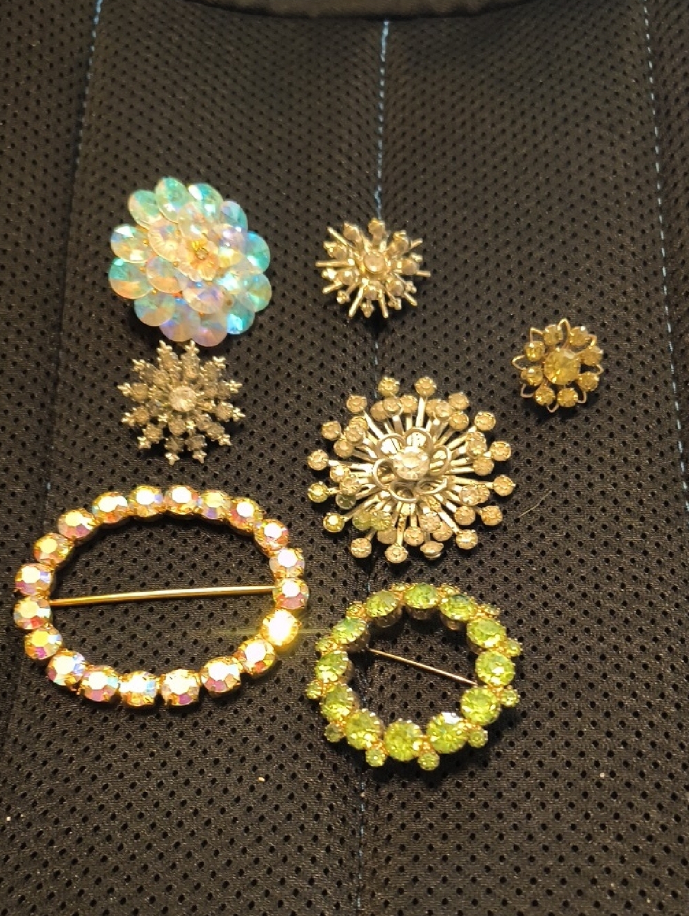 Gold-Tone Floral Brooch Set with Iridescent and Green Crystals - Women Jewelry